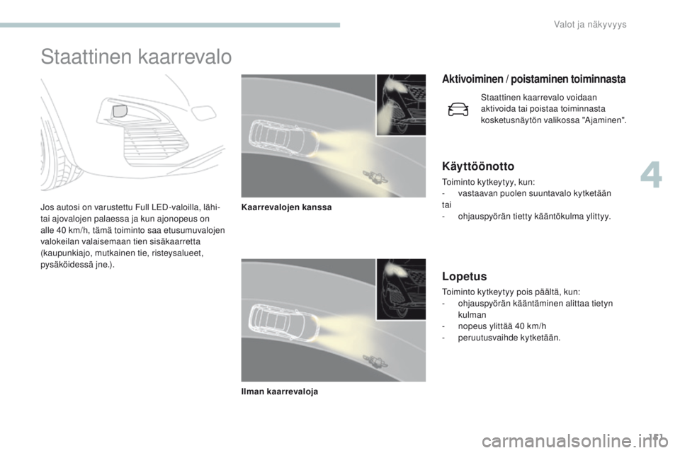 PEUGEOT 3008 2017 Omistajan Käsikirja (in Finnish) 151
3008-2_fi_Chap04_eclairage-et-visibilite_ed01-2016
Staattinen kaarrevalo
Jos autosi on varustettu Full LeD-valoilla, lähi-
tai ajovalojen palaessa ja kun ajonopeus on
alle 40 km/h, tämä toimi PEUGEOT 3008 2017 Omistajan Käsikirja (in Finnish) 151
3008-2_fi_Chap04_eclairage-et-visibilite_ed01-2016
Staattinen kaarrevalo
Jos autosi on varustettu Full LeD-valoilla, lähi-
tai ajovalojen palaessa ja kun ajonopeus on
alle 40 km/h, tämä toimi