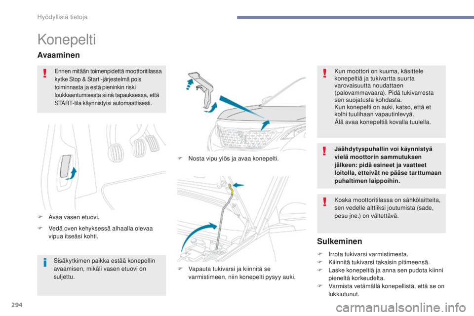 PEUGEOT 3008 2017 Omistajan Käsikirja (in Finnish) 294
3008-2_fi_Chap07_infos-pratiques_ed01-2016
Konepelti
F Vedä oven kehyksessä alhaalla olevaa vipua itseäsi kohti.
Avaaminen
F Avaa vasen etuovi. F
N
osta vipu ylös ja avaa konepelti.
Sulkemi PEUGEOT 3008 2017 Omistajan Käsikirja (in Finnish) 294
3008-2_fi_Chap07_infos-pratiques_ed01-2016
Konepelti
F Vedä oven kehyksessä alhaalla olevaa vipua itseäsi kohti.
Avaaminen
F Avaa vasen etuovi. F
N
osta vipu ylös ja avaa konepelti.
Sulkemi