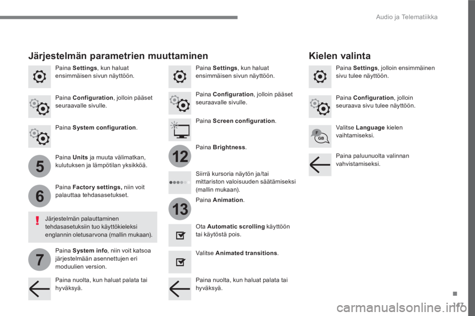 PEUGEOT 3008 2017  Omistajan Käsikirja (in Finnish) 147
.
5
6
7
12
13
  Audio ja Telematiikka 
 
 
Paina  Settings 
, kun haluat 
ensimmäisen sivun näyttöön.     
Paina  Settings 
, jolloin ensimmäinen 
sivu tulee näyttöön.      
Paina  Setting