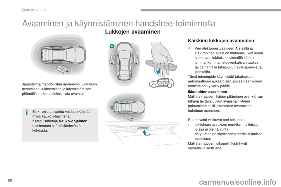 PEUGEOT 3008 2017 Omistajan Käsikirja (in Finnish) 58
3008-2_fi_Chap02_ouvertures_ed01-2016
Avaaminen ja käynnistäminen handsfree-toiminnolla
Järjestelmä mahdollistaa ajoneuvon lukituksen
avaamisen, lukitsemisen ja käynnistämisen
pitämällä PEUGEOT 3008 2017 Omistajan Käsikirja (in Finnish) 58
3008-2_fi_Chap02_ouvertures_ed01-2016
Avaaminen ja käynnistäminen handsfree-toiminnolla
Järjestelmä mahdollistaa ajoneuvon lukituksen
avaamisen, lukitsemisen ja käynnistämisen
pitämällä