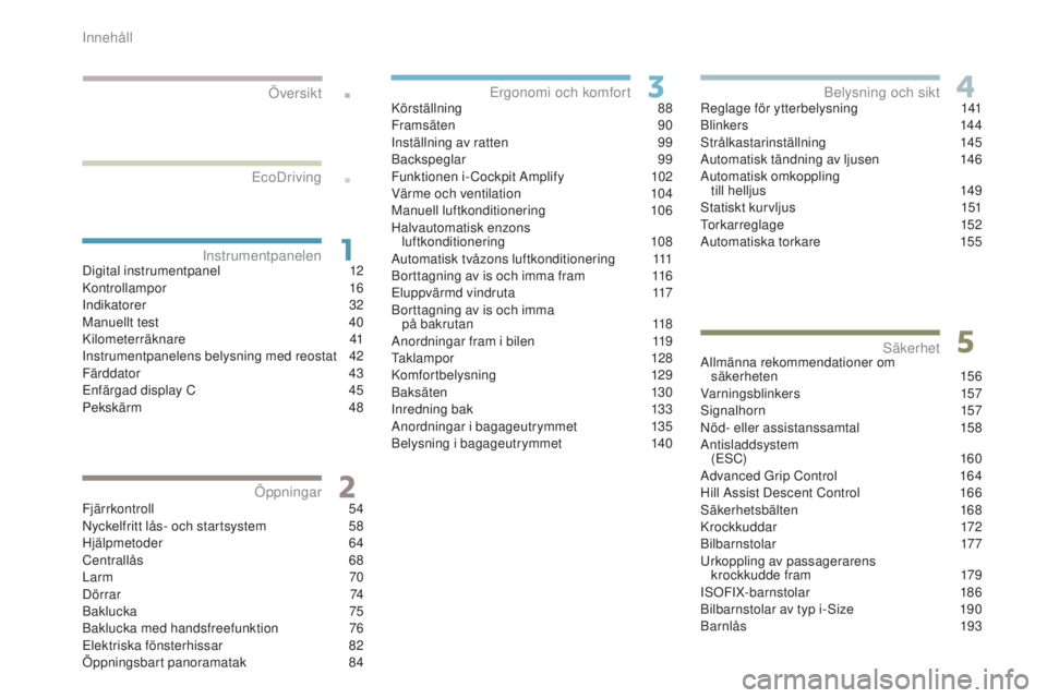 PEUGEOT 3008 2017  Bruksanvisningar (in Swedish) .
.
3008-2_sv_Chap00a_sommaire_ed01-2016
Digital instrumentpanel 12
Kontrollampor 1 6
Indikatorer
 32
M

anuellt test  
4
 0
Kilometerräknare
 

41
Instrumentpanelens belysning med reostat
 4

2
Fär