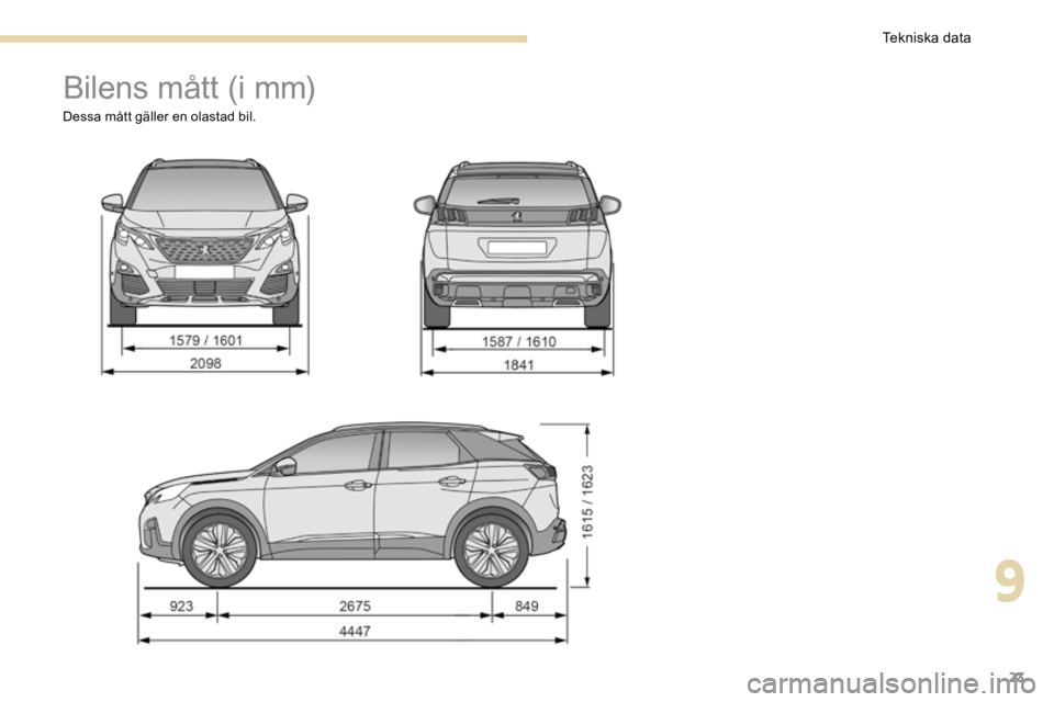 PEUGEOT 3008 2017  Bruksanvisningar (in Swedish) 23
Bilens mått (i mm)
Dessa mått gäller en olastad bil.
9 
Tekniska data  