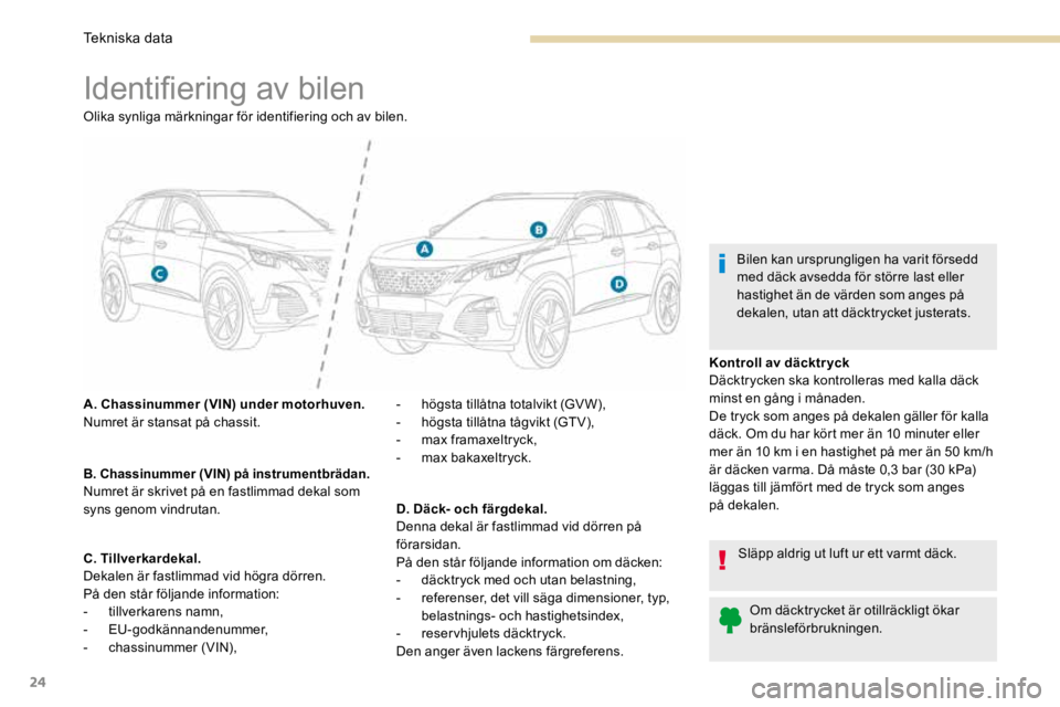 PEUGEOT 3008 2017  Bruksanvisningar (in Swedish) 24
Identifiering av bilen
Olika synliga märkningar för identifiering och av bilen.
A. Chassinummer (VIN) under motorhuven.
Numret är stansat på chassit.
B. Chassinummer (VIN) på instrumentbrädan