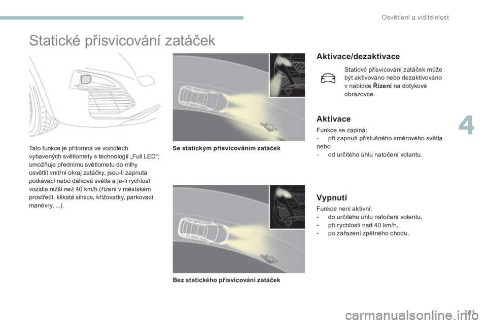 PEUGEOT 3008 2017  Návod na použití (in Czech) 151
3008-2_cs_Chap04_eclairage-et-visibilite_ed01-2016
Statické přisvicování zatáček
Tato funkce je přítomná ve vozidlech 
vybavených světlomety s technologií „Full  LED“; 
umožňuje 