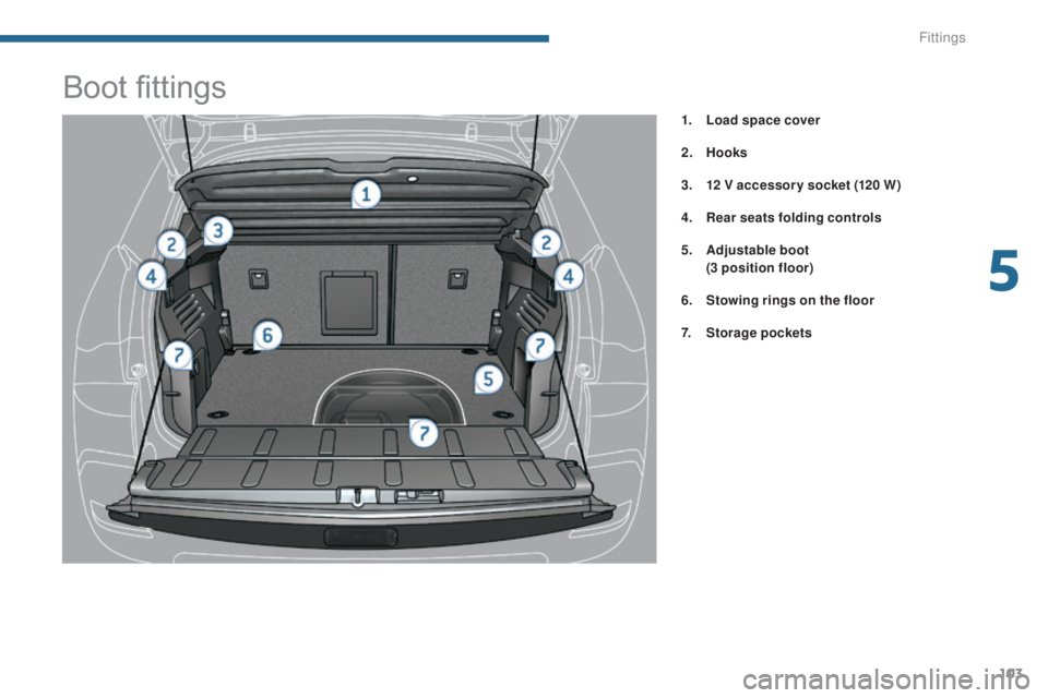 PEUGEOT 3008 2016 Owners Manual 103
3008_en_Chap05_amenagements_ed01-2015
Boot fittings
1. Load space cover
2.
Hoo
ks
3.
1
2 V accessor y socket (120 W)
4.
R
ear seats folding controls
5.
A
djustable boot
(
3 position PEUGEOT 3008 2016 Owners Manual 103
3008_en_Chap05_amenagements_ed01-2015
Boot fittings
1. Load space cover
2.
Hoo
ks
3.
1
2 V accessor y socket (120 W)
4.
R
ear seats folding controls
5.
A
djustable boot
(
3 position