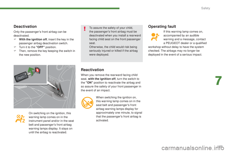 PEUGEOT 3008 2016  Owners Manual 133
3008_en_Chap07_securite_ed01-2015
Operating fault
If this warning lamp comes on, 
accompanied by an audible 
warning and a message, contact 
a PEUGEOT dealer or a qualified 
workshop without delay