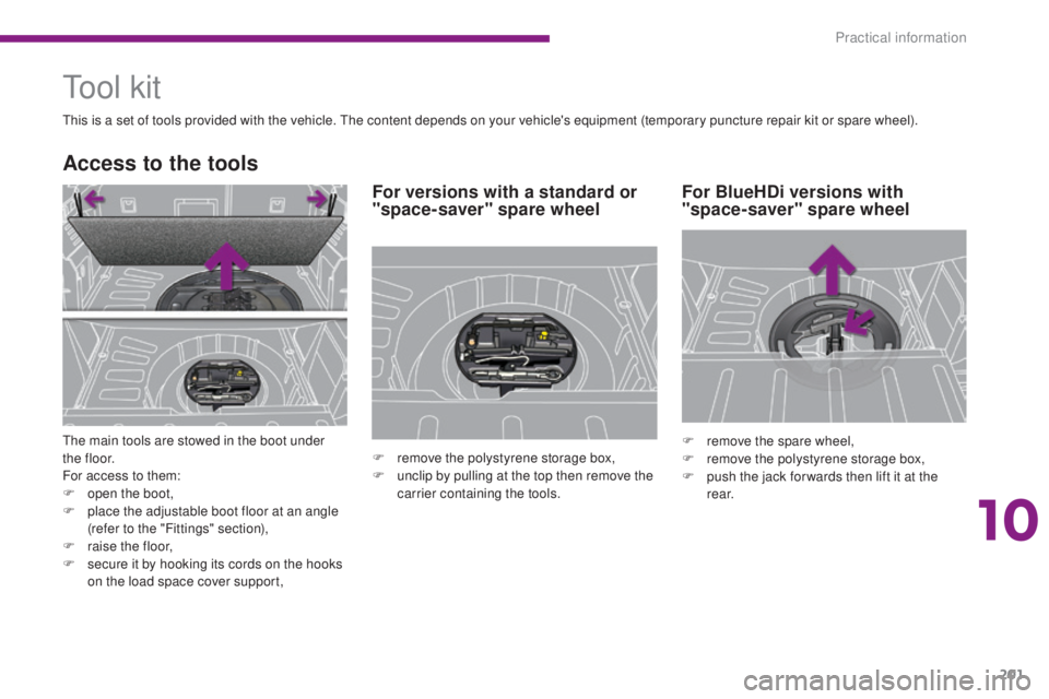 PEUGEOT 3008 2016 Owners Manual 201
3008_en_Chap10_infos-pratiques_ed01-2015
Tool kit
This is a set of tools provided with the vehicle. The content depends on your vehicle's equipment (temporary puncture repair kit or spare whee PEUGEOT 3008 2016 Owners Manual 201
3008_en_Chap10_infos-pratiques_ed01-2015
Tool kit
This is a set of tools provided with the vehicle. The content depends on your vehicle's equipment (temporary puncture repair kit or spare whee