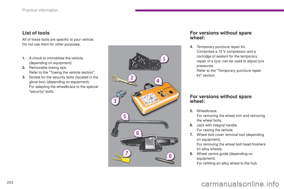 PEUGEOT 3008 2016 Owners Manual 202
3008_en_Chap10_infos-pratiques_ed01-2015
List of tools
All of these tools are specific to your vehicle.
Do not use them for other purposes.
1.
A c
hock to immobilise the vehicle
(depending on e PEUGEOT 3008 2016 Owners Manual 202
3008_en_Chap10_infos-pratiques_ed01-2015
List of tools
All of these tools are specific to your vehicle.
Do not use them for other purposes.
1.
A c
hock to immobilise the vehicle
(depending on e