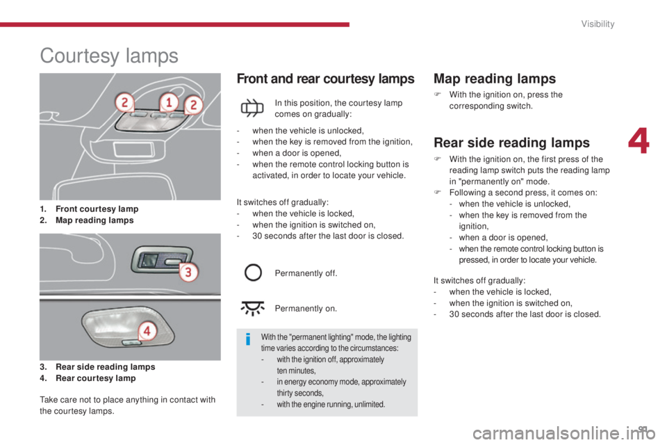 PEUGEOT 3008 2016  Owners Manual 91
3008_en_Chap04_visibilite_ed01-2015
Courtesy lamps
3. Rear side reading lamps
4. Rear courtesy lamp
Front and rear courtesy lamps
In this position, the courtesy lamp 
comes on gradually:
Map readin