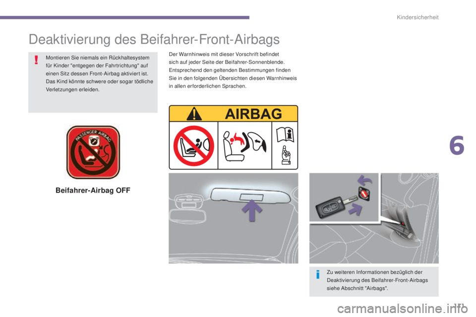 PEUGEOT 3008 2016  Betriebsanleitungen (in German) 111
3008_de_Chap06_securite-enfants_ed01-2015
Beifahrer-Airbag OFF
Zu weiteren Informationen bezüglich der 
Deaktivierung des Beifahrer-Front-Airbags 
siehe Abschnitt "Airbags".
Montieren Sie