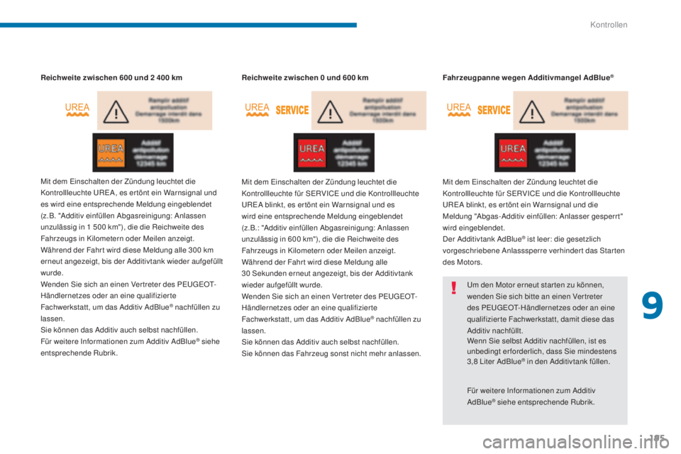 PEUGEOT 3008 2016  Betriebsanleitungen (in German) 195
3008_de_Chap09_verifications_ed01-2015
Reichweite zwischen 600   und 2   400   km
Mit dem Einschalten der Zündung leuchtet die 
Kontrollleuchte UREA, es er tönt ein Warnsignal und 
es wird eine 