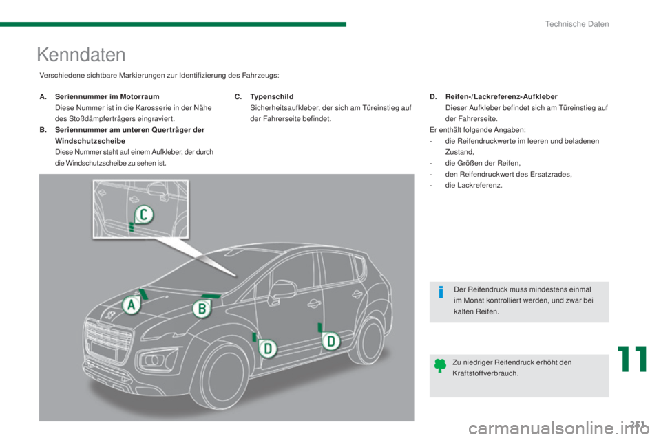 PEUGEOT 3008 2016  Betriebsanleitungen (in German) 251
3008_de_Chap11_caracteristiques_ed01-2015
Kenndaten
A. Seriennummer im Motorraum  D
iese Nummer ist in die Karosserie in der Nähe 
des Stoßdämpferträgers eingraviert.
B.
 S
eriennummer am unt PEUGEOT 3008 2016  Betriebsanleitungen (in German) 251
3008_de_Chap11_caracteristiques_ed01-2015
Kenndaten
A. Seriennummer im Motorraum  D
iese Nummer ist in die Karosserie in der Nähe 
des Stoßdämpferträgers eingraviert.
B.
 S
eriennummer am unt