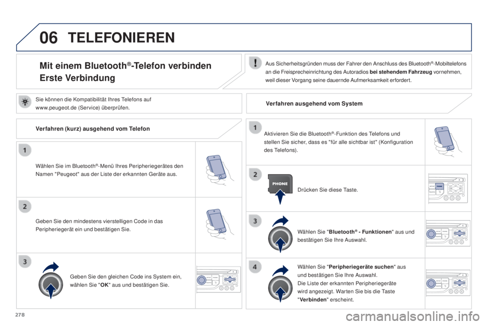 PEUGEOT 3008 2016  Betriebsanleitungen (in German) 06
278
3008_de_Chap12b_RT6-2-8_ed01-2015
TELEFONIEREN
Mit einem Bluetooth®-Telefon verbinden
Erste VerbindungAus Sicherheitsgründen muss der Fahrer den Anschluss des Bluetooth®-Mobiltelefons 
an di