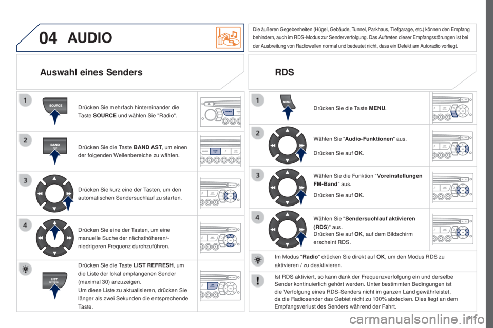 PEUGEOT 3008 2016  Betriebsanleitungen (in German) 04
315
3008_de_Chap12c_RD45_ed01_2015
AUDIO
Drücken Sie mehrfach hintereinander die 
Ta s t e  SOURCE und wählen Sie "Radio".
Drücken Sie die Taste BAND AST , um einen 
der folgenden Wellen
