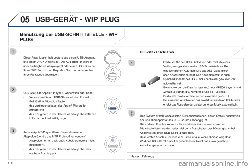 PEUGEOT 3008 2016  Betriebsanleitungen (in German) 05
318
3008_de_Chap12c_RD45_ed01_2015
USB-GERäT - WIP PL UG
Das System erstellt Abspiellisten (Zwischenspeicher), deren Erstellungszeit von 
der Speicherkapazität des USB-Gerätes abhängig ist.
Die