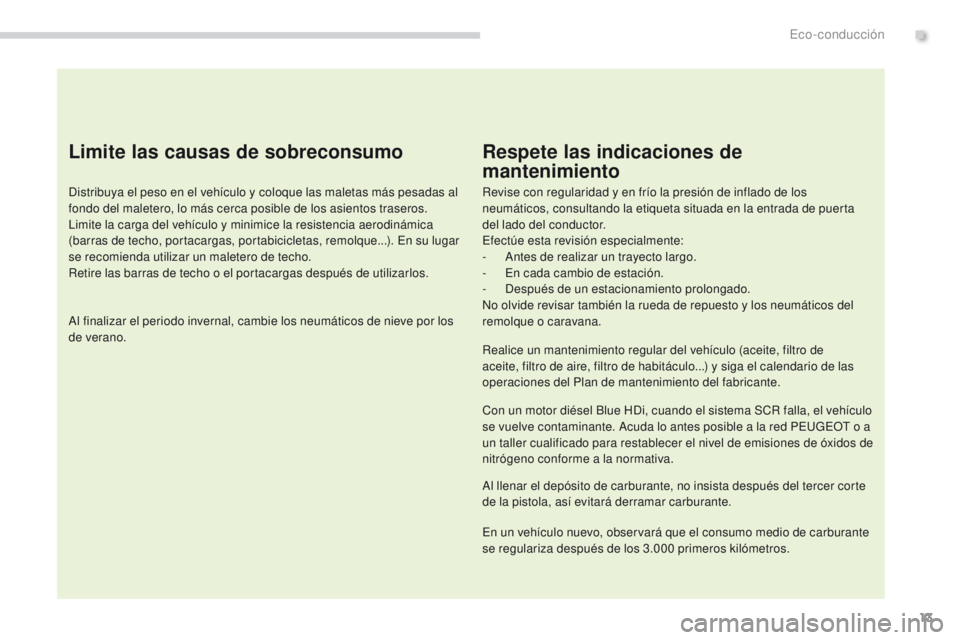 PEUGEOT 3008 2016 Manual del propietario (in Spanish) 13
3008_es_Chap00c_eco-conduite_ed01-2015
Limite las causas de sobreconsumo
Distribuya el peso en el vehículo y coloque las maletas más pesadas al
fondo del maletero, lo más cerca posible de los a PEUGEOT 3008 2016 Manual del propietario (in Spanish) 13
3008_es_Chap00c_eco-conduite_ed01-2015
Limite las causas de sobreconsumo
Distribuya el peso en el vehículo y coloque las maletas más pesadas al
fondo del maletero, lo más cerca posible de los a