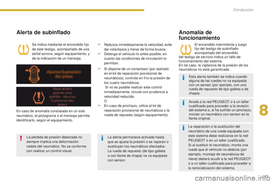 PEUGEOT 3008 2016  Manual del propietario (in Spanish) 173
3008_es_Chap08_conduite_ed01-2015
El encendido intermitente y luego 
fijo del testigo de subinflado 
acompañado del encendido 
del testigo de servicio indica un fallo de 
funcionamiento del siste