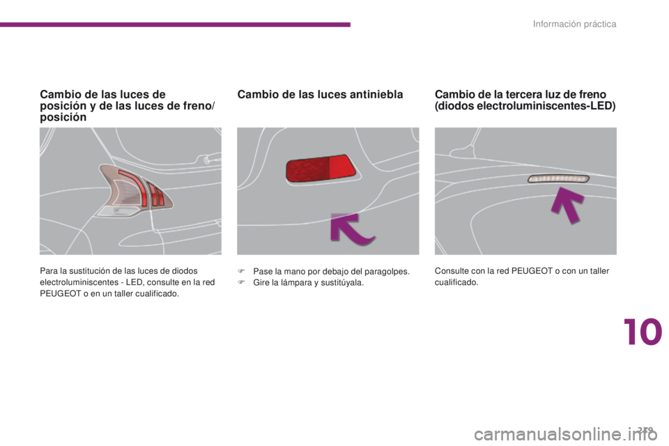 PEUGEOT 3008 2016 Manual del propietario (in Spanish) 219
3008_es_Chap10_infos-pratiques_ed01-2015
Cambio de las luces de
posición y de las luces de freno/
posiciónCambio de las luces antiniebla
Para la sustitución de las luces de diodos
electrolum PEUGEOT 3008 2016 Manual del propietario (in Spanish) 219
3008_es_Chap10_infos-pratiques_ed01-2015
Cambio de las luces de
posición y de las luces de freno/
posiciónCambio de las luces antiniebla
Para la sustitución de las luces de diodos
electrolum
