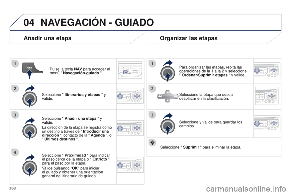 PEUGEOT 3008 2016 Manual del propietario (in Spanish) 04
268
3008_es_Chap12b_RT6-2-8_ed01-2015
Añadir una etapa
Pulse la tecla N AV para acceder al
menú " Navegación-guiado ".
Seleccione " Itinerarios y etapas " y
valide.
Seleccione PEUGEOT 3008 2016 Manual del propietario (in Spanish) 04
268
3008_es_Chap12b_RT6-2-8_ed01-2015
Añadir una etapa
Pulse la tecla N AV para acceder al
menú " Navegación-guiado ".
Seleccione " Itinerarios y etapas " y
valide.
Seleccione