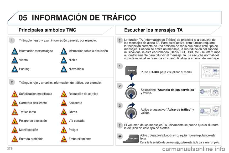 PEUGEOT 3008 2016 Manual del propietario (in Spanish) 05
276
3008_es_Chap12b_RT6-2-8_ed01-2015
Principales símbolos TMC
Triángulo rojo y amarillo: información de tráfico, por ejemplo:
Triángulo negro y azul: información general, por ejemplo:
Inform PEUGEOT 3008 2016 Manual del propietario (in Spanish) 05
276
3008_es_Chap12b_RT6-2-8_ed01-2015
Principales símbolos TMC
Triángulo rojo y amarillo: información de tráfico, por ejemplo:
Triángulo negro y azul: información general, por ejemplo:
Inform