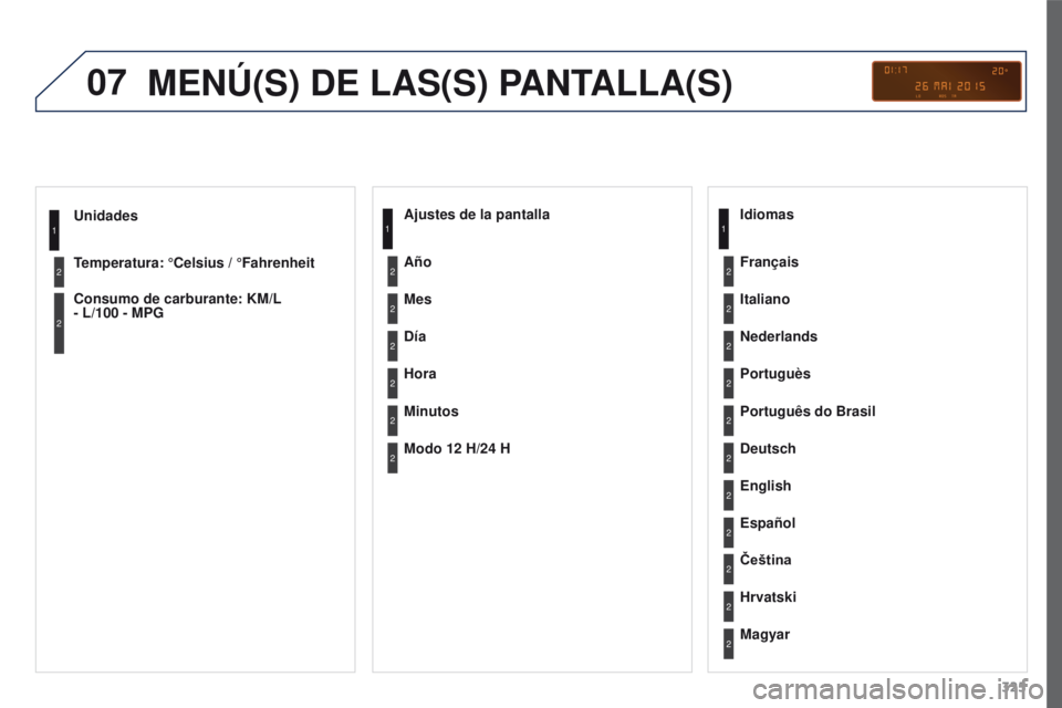 PEUGEOT 3008 2016 Manual del propietario (in Spanish) 07
325
3008_es_Chap12c_RD45_ed01_2015
Unidades
Temperatura: °Celsius / °Fahrenheit
Consumo de carburante: KM/L
- L/100 - MPG1
2
2
MENÚ(S) DE LAS(S) PANTALLA(S)
Ajustes de la pantalla
Mes
Día
Hor PEUGEOT 3008 2016 Manual del propietario (in Spanish) 07
325
3008_es_Chap12c_RD45_ed01_2015
Unidades
Temperatura: °Celsius / °Fahrenheit
Consumo de carburante: KM/L
- L/100 - MPG1
2
2
MENÚ(S) DE LAS(S) PANTALLA(S)
Ajustes de la pantalla
Mes
Día
Hor
