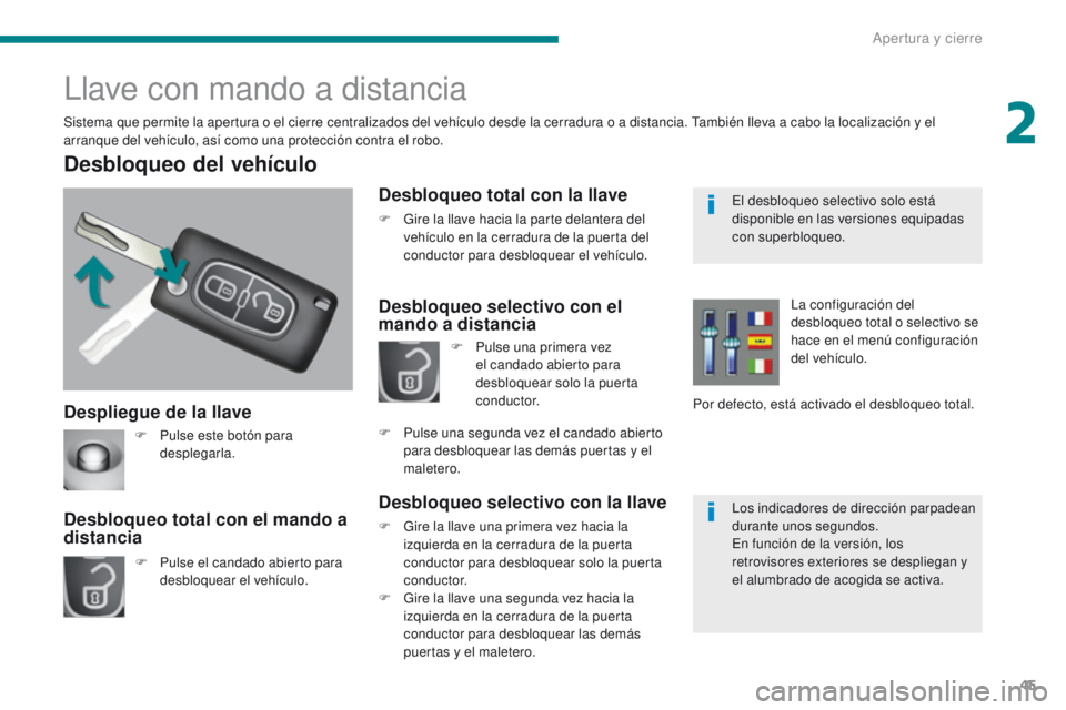 PEUGEOT 3008 2016 Manual del propietario (in Spanish) 45
3008_es_Chap02_ouvertures_ed01-2015
Despliegue de la llave
Desbloqueo del vehículo
F Pulse el candado abierto para desbloquear el vehículo.
Desbloqueo total con el mando a
distancia
Llave con ma PEUGEOT 3008 2016 Manual del propietario (in Spanish) 45
3008_es_Chap02_ouvertures_ed01-2015
Despliegue de la llave
Desbloqueo del vehículo
F Pulse el candado abierto para desbloquear el vehículo.
Desbloqueo total con el mando a
distancia
Llave con ma