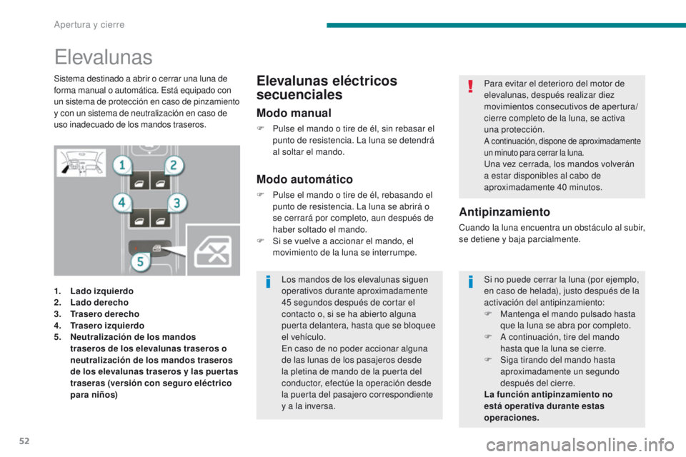 PEUGEOT 3008 2016 Manual del propietario (in Spanish) 52
3008_es_Chap02_ouvertures_ed01-2015
Elevalunas
1. Lado izquierdo
2. Lado derecho
3.
T
rasero derecho
4.
T
rasero izquierdo
5.
N
eutralización de los mandos
traseros de los elevalunas traser PEUGEOT 3008 2016 Manual del propietario (in Spanish) 52
3008_es_Chap02_ouvertures_ed01-2015
Elevalunas
1. Lado izquierdo
2. Lado derecho
3.
T
rasero derecho
4.
T
rasero izquierdo
5.
N
eutralización de los mandos
traseros de los elevalunas traser