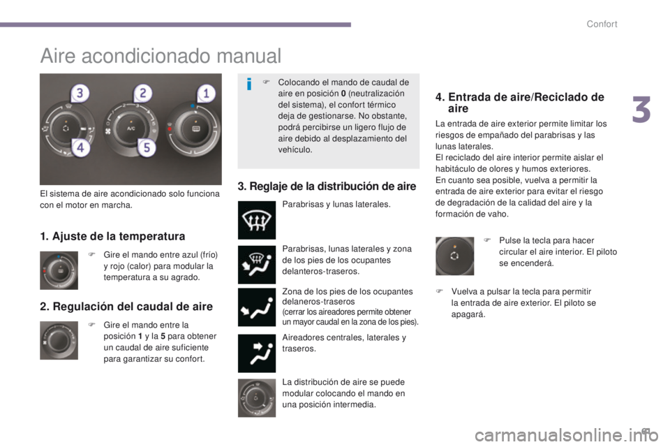 PEUGEOT 3008 2016 Manual del propietario (in Spanish) 61
3008_es_Chap03_confort_ed01-2015
2. Regulación del caudal de aire
F Gire el mando entre la posición 1 y la 5 para obtener
un caudal de aire suficiente
para garantizar su confort. Parabrisas PEUGEOT 3008 2016 Manual del propietario (in Spanish) 61
3008_es_Chap03_confort_ed01-2015
2. Regulación del caudal de aire
F Gire el mando entre la posición 1 y la 5 para obtener
un caudal de aire suficiente
para garantizar su confort. Parabrisas