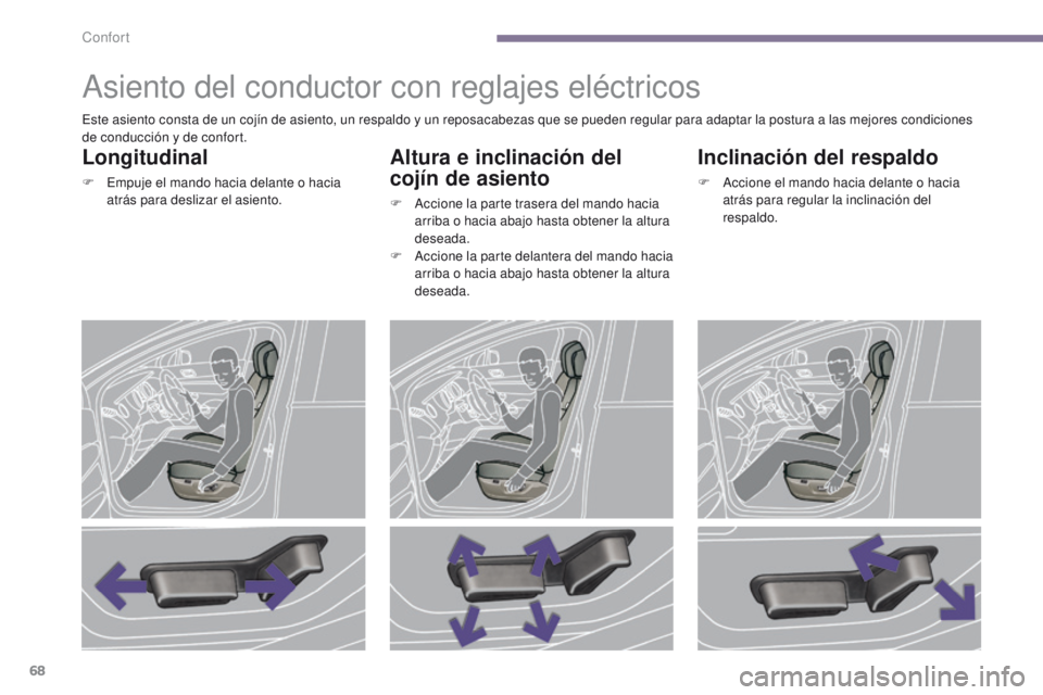 PEUGEOT 3008 2016 Manual del propietario (in Spanish) 68
3008_es_Chap03_confort_ed01-2015
Asiento del conductor con reglajes eléctricos
Longitudinal
F Empuje el mando hacia delante o hacia atrás para deslizar el asiento.
Altura e inclinación del
cojà PEUGEOT 3008 2016 Manual del propietario (in Spanish) 68
3008_es_Chap03_confort_ed01-2015
Asiento del conductor con reglajes eléctricos
Longitudinal
F Empuje el mando hacia delante o hacia atrás para deslizar el asiento.
Altura e inclinación del
cojÃ