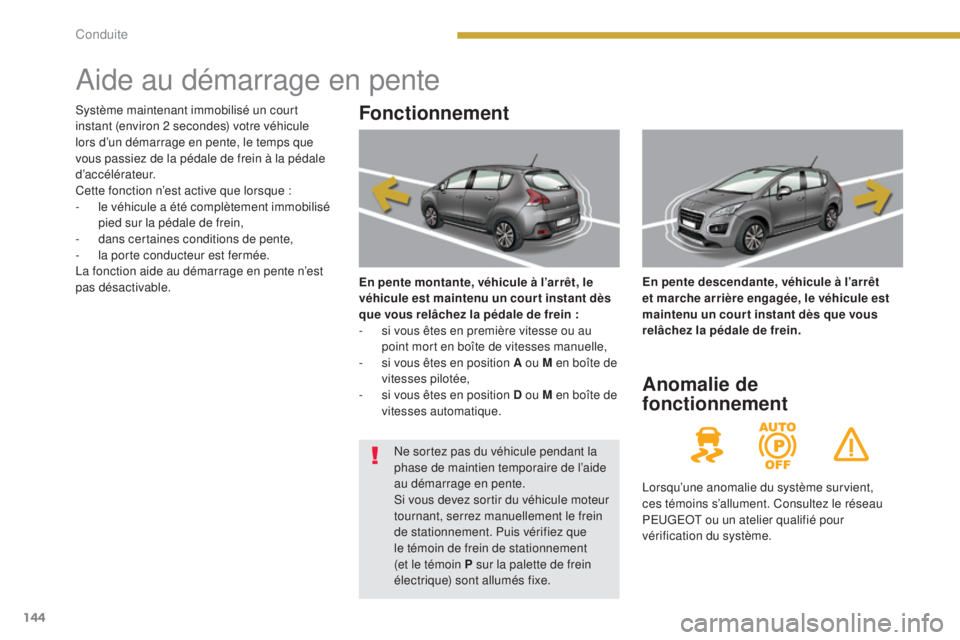 PEUGEOT 3008 2016  Manuel du propriétaire (in French) 144
Aide au démarrage en pente
Fonctionnement
En pente montante, véhicule à l’arrêt, le 
véhicule est maintenu un cour t instant dès 
que vous relâchez la pédale de frein :
- 
s
 i vous ête