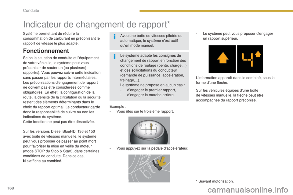 PEUGEOT 3008 2016  Manuel du propriétaire (in French) 168
Indicateur de changement de rapport*
* Suivant motorisation.
Le système adapte les consignes de 
changement de rapport en fonction des 
conditions de roulage (pente, charge,...) 
et des sollicita