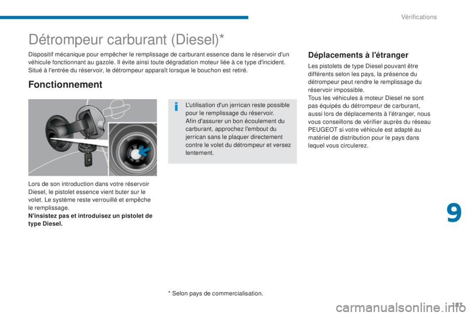 PEUGEOT 3008 2016 Manuel du propriétaire (in French) 183
Détrompeur carburant (Diesel)*
Lors de son introduction dans votre réservoir
Diesel, le pistolet essence vient buter sur le
volet. Le système reste verrouillé et empêche
le remplissage.
N& PEUGEOT 3008 2016 Manuel du propriétaire (in French) 183
Détrompeur carburant (Diesel)*
Lors de son introduction dans votre réservoir
Diesel, le pistolet essence vient buter sur le
volet. Le système reste verrouillé et empêche
le remplissage.
N&