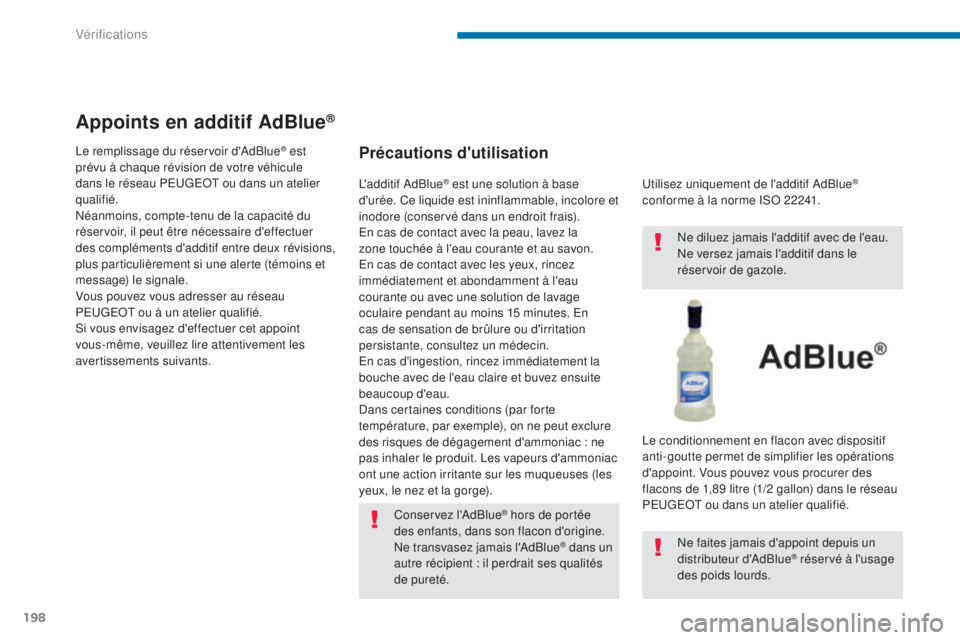 PEUGEOT 3008 2016 Manuel du propriétaire (in French) 198
Appoints en additif AdBlue®
Précautions d'utilisation
Conservez l'AdBlue® hors de portée
des enfants, dans son flacon d'origine.
Ne transvasez jamais l'AdBlue
® dans un
autr PEUGEOT 3008 2016 Manuel du propriétaire (in French) 198
Appoints en additif AdBlue®
Précautions d'utilisation
Conservez l'AdBlue® hors de portée
des enfants, dans son flacon d'origine.
Ne transvasez jamais l'AdBlue
® dans un
autr
