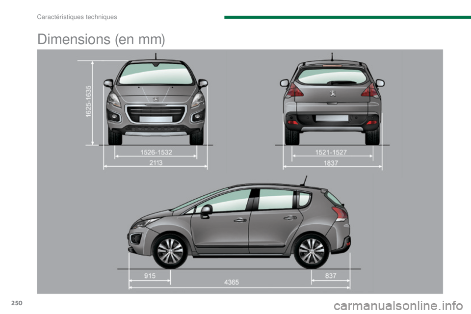 PEUGEOT 3008 2016  Manuel du propriétaire (in French) 250
Dimensions (en mm) 
Caractéristiques techniques  