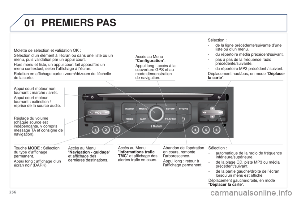 PEUGEOT 3008 2016  Manuel du propriétaire (in French) 01
256Sélection :
-
 
automatique de la radio de fréquence 
inférieure/supérieure.
-
  
de la plage CD, piste MP3 ou média 
précédent/suivant.
-
  
de la partie gauche/droite de l’écran 
lor