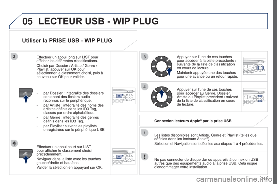 PEUGEOT 3008 2016 Manuel du propriétaire (in French) 05
319
Utiliser la PRISE USB - WIP PLUG
Effectuer un appui court sur LIST
pour afficher le classement choisi
précédemment.
Naviguer dans la liste avec les touches
gauche/droite et haut/bas.
Valid PEUGEOT 3008 2016 Manuel du propriétaire (in French) 05
319
Utiliser la PRISE USB - WIP PLUG
Effectuer un appui court sur LIST
pour afficher le classement choisi
précédemment.
Naviguer dans la liste avec les touches
gauche/droite et haut/bas.
Valid