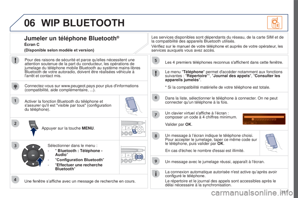 PEUGEOT 3008 2016 Manuel du propriétaire (in French) 06
321
WIP BLUETOOTH
Pour des raisons de sécurité et parce qu'elles nécessitent une \
attention soutenue de la part du conducteur, les opérations de
jumelage du téléphone mobile Bluetooth PEUGEOT 3008 2016 Manuel du propriétaire (in French) 06
321
WIP BLUETOOTH
Pour des raisons de sécurité et parce qu'elles nécessitent une \
attention soutenue de la part du conducteur, les opérations de
jumelage du téléphone mobile Bluetooth