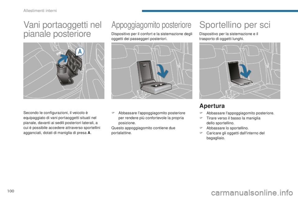 PEUGEOT 3008 2016  Manuale duso (in Italian) 100
3008_it_Chap05_amenagements_ed01-2015
Appoggiagomito posterioreSportellino per sci
Apertura
F Abbassare l'appoggiagomito posteriore.
F T irare verso il basso la maniglia  
dello sportellino.
F