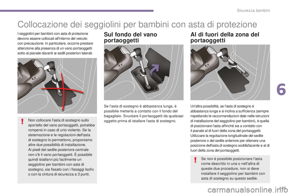 PEUGEOT 3008 2016  Manuale duso (in Italian) 115
3008_it_Chap06_securite-enfants_ed01-2015
Collocazione dei seggiolini per bambini con asta di protezione
Sul fondo del vano 
portaoggettiAl di fuori della zona del 
portaoggettiI seggiolini per ba