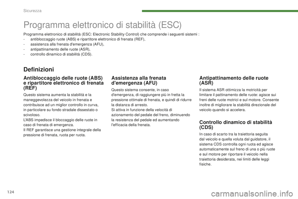 PEUGEOT 3008 2016  Manuale duso (in Italian) 124
3008_it_Chap07_securite_ed01-2015
Programma elettronico di stabilità (ESC)
Definizioni
Antipattinamento delle ruote 
(ASR)
Il sistema ASR ottimizza la motricità per 
limitare il pattinamento del