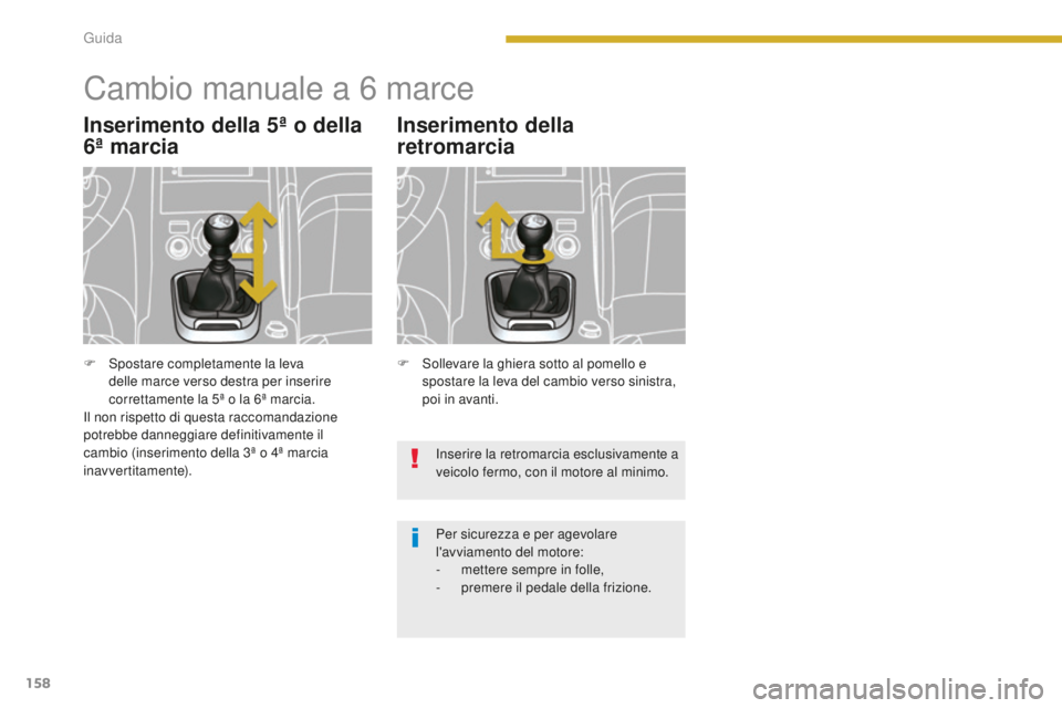 PEUGEOT 3008 2016  Manuale duso (in Italian) 158
3008_it_Chap08_conduite_ed01-2015
Cambio manuale a 6 marce
Inserimento della 5ª o della 
6ª marcia Inserimento della 
retromarcia
Inserire la retromarcia esclusivamente a 
veicolo fermo, con il 