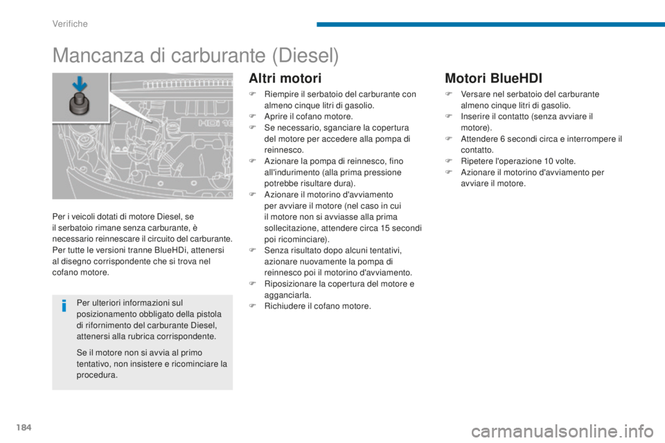PEUGEOT 3008 2016  Manuale duso (in Italian) 184
3008_it_Chap09_verifications_ed01-2015
Mancanza di carburante (Diesel)
Altri motori
F Riempire il serbatoio del carburante con almeno cinque litri di gasolio.
F
 
A
 prire il cofano motore.
F
 
S
