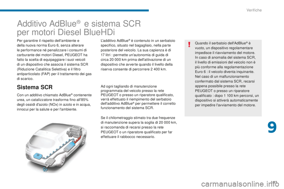 PEUGEOT 3008 2016  Manuale duso (in Italian) 193
3008_it_Chap09_verifications_ed01-2015
Additivo AdBlue®  e sistema SCR
per motori Diesel BlueHDi
Per garantire il rispetto dell'ambiente e 
della nuova norma Euro 6, senza alterare 
le per fo