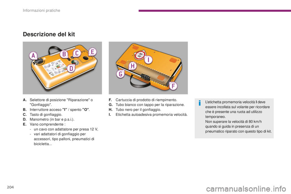 PEUGEOT 3008 2016  Manuale duso (in Italian) 204
3008_it_Chap10_infos-pratiques_ed01-2015
Descrizione del kit
A. Selettore di posizione "Riparazione" o "Gonfiaggio".
B.
 I

nterruttore acceso "I"  / spento "O".
C.