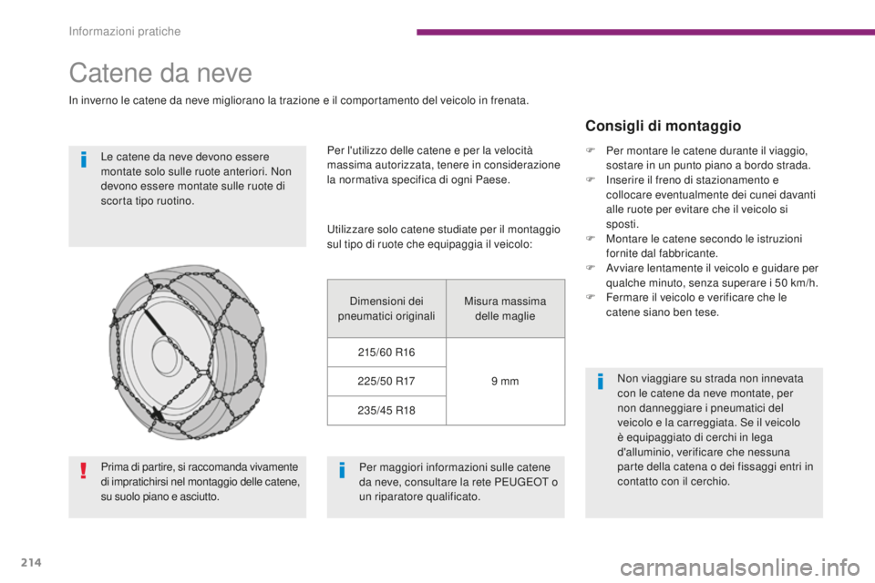 PEUGEOT 3008 2016  Manuale duso (in Italian) 214
3008_it_Chap10_infos-pratiques_ed01-2015
Catene da neve
In inverno le catene da neve migliorano la trazione e il comportamento del veicolo in frenata.Le catene da neve devono essere 
montate solo 