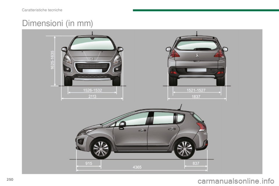 PEUGEOT 3008 2016 Manuale duso (in Italian) 250
3008_it_Chap11_caracteristiques_ed01-2015
Dimensioni (in mm)
Caratteristiche tecniche PEUGEOT 3008 2016 Manuale duso (in Italian) 250
3008_it_Chap11_caracteristiques_ed01-2015
Dimensioni (in mm)
Caratteristiche tecniche