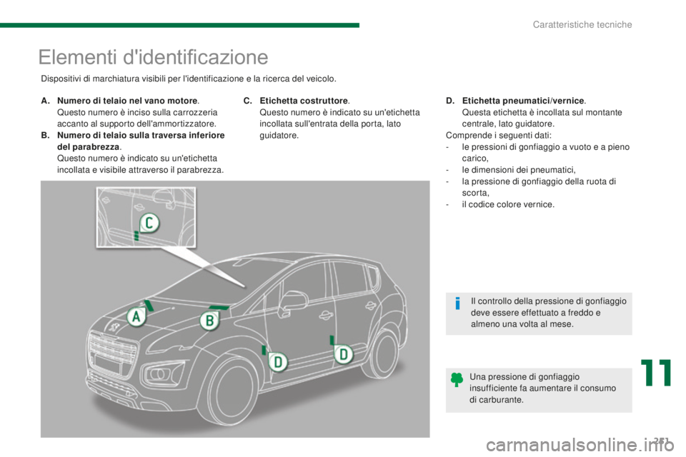 PEUGEOT 3008 2016 Manuale duso (in Italian) 251
3008_it_Chap11_caracteristiques_ed01-2015
Elementi d'identificazione
A. Numero di telaio nel vano motore. Q
uesto numero è inciso sulla carrozzeria
accanto al supporto dell'ammortizzator PEUGEOT 3008 2016 Manuale duso (in Italian) 251
3008_it_Chap11_caracteristiques_ed01-2015
Elementi d'identificazione
A. Numero di telaio nel vano motore. Q
uesto numero è inciso sulla carrozzeria
accanto al supporto dell'ammortizzator