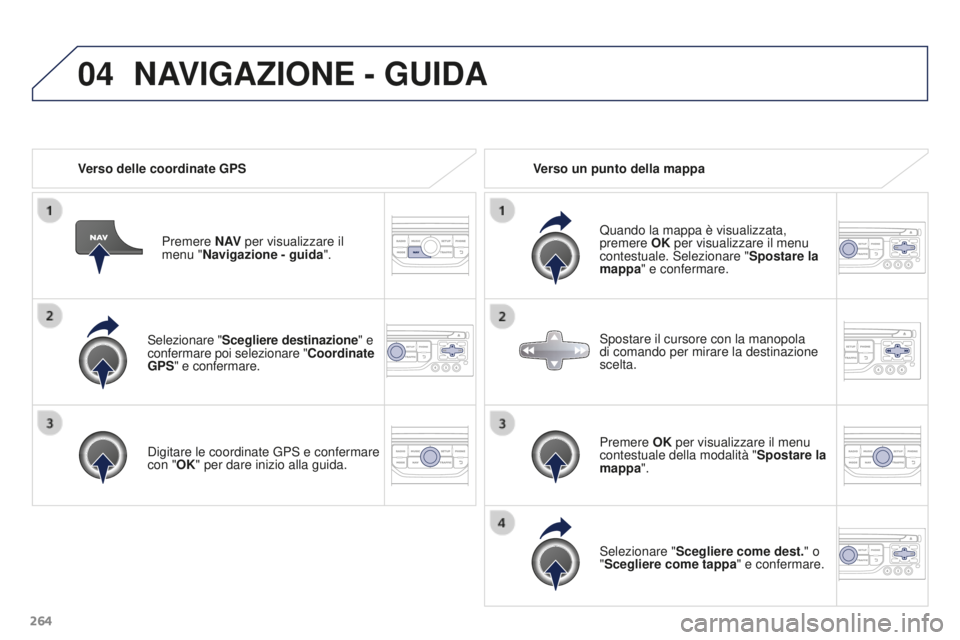 PEUGEOT 3008 2016  Manuale duso (in Italian) 04
264
3008_it_Chap12b_RT6-2-8_ed01-2015
Selezionare "Scegliere destinazione" e 
confermare poi selezionare "Coordinate 
GPS" e confermare.
Digitare le coordinate GPS e confermare 
con