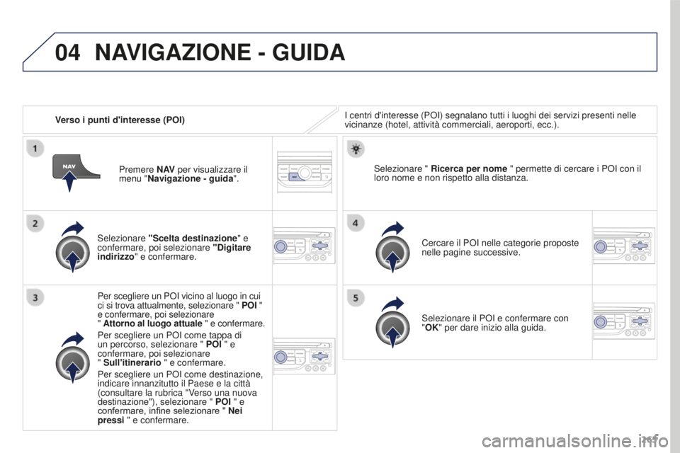 PEUGEOT 3008 2016  Manuale duso (in Italian) 04
265
3008_it_Chap12b_RT6-2-8_ed01-2015
Verso i punti d'interesse (POI)I centri d'interesse (POI) segnalano tutti i luoghi dei servizi presen\
ti nelle 
vicinanze (hotel, attività commercial