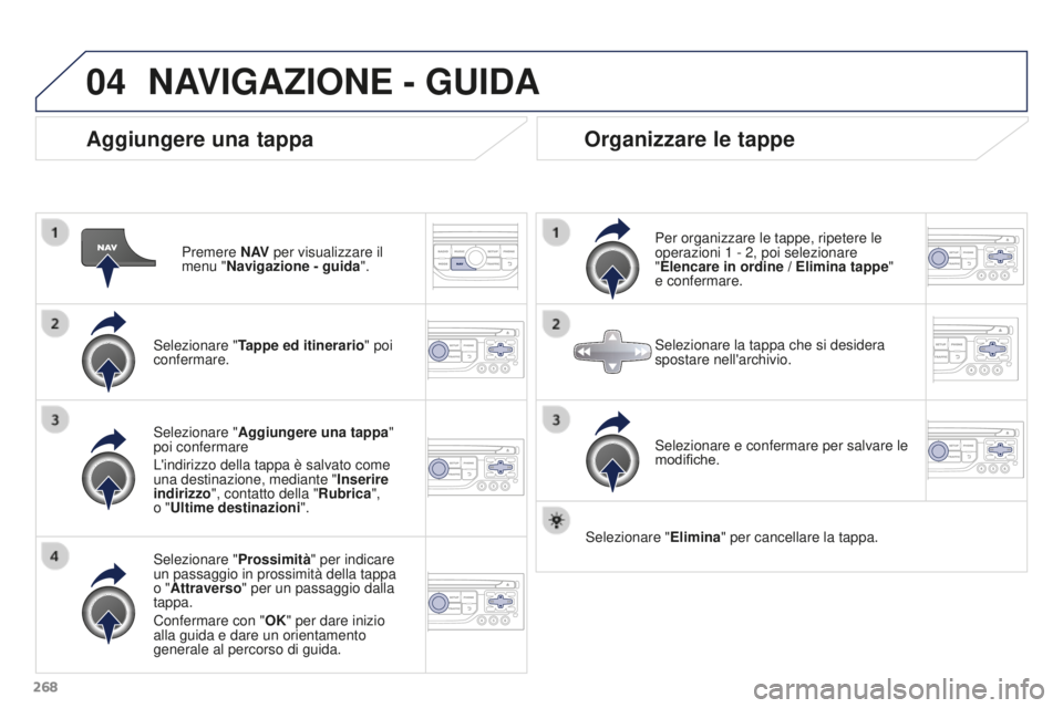 PEUGEOT 3008 2016  Manuale duso (in Italian) 04
268
3008_it_Chap12b_RT6-2-8_ed01-2015
Aggiungere una tappa
Premere N AV per visualizzare il 
menu "Navigazione - guida ".
Selezionare " Tappe ed itinerario " poi 
confermare.
Selezi